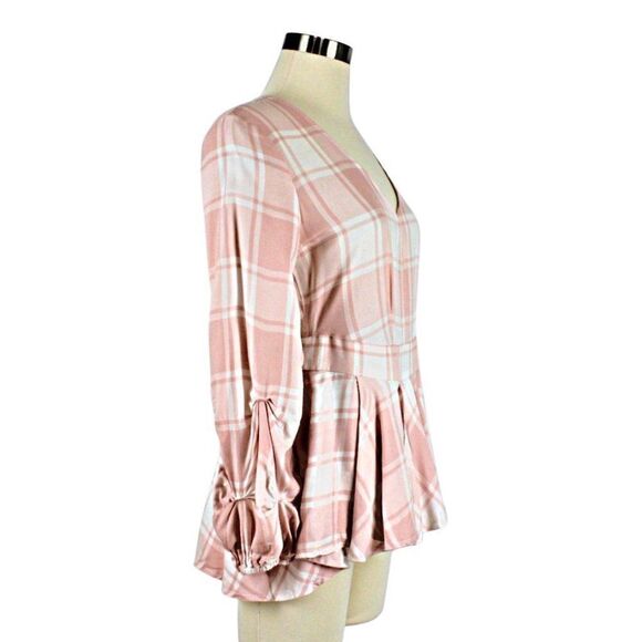 Top Pink Ruffle Buffalo Check Hi-Low Hem Peplum Waist Back Zip XS SOHO NY & CO - Picture 3 of 9